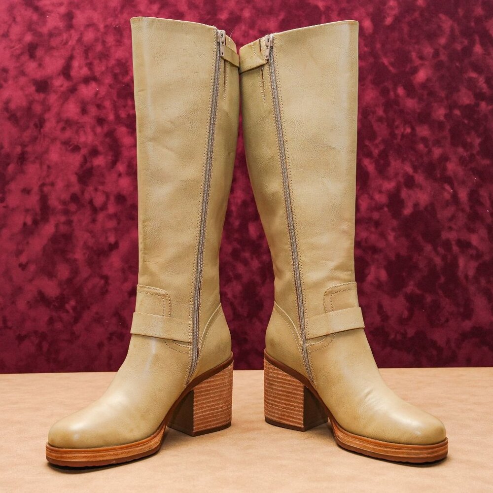 Korks Wmn Karelyn Distress Cream Wide Calf Faux Leather Block Heel Boots 6.5 - Picture 3 of 8